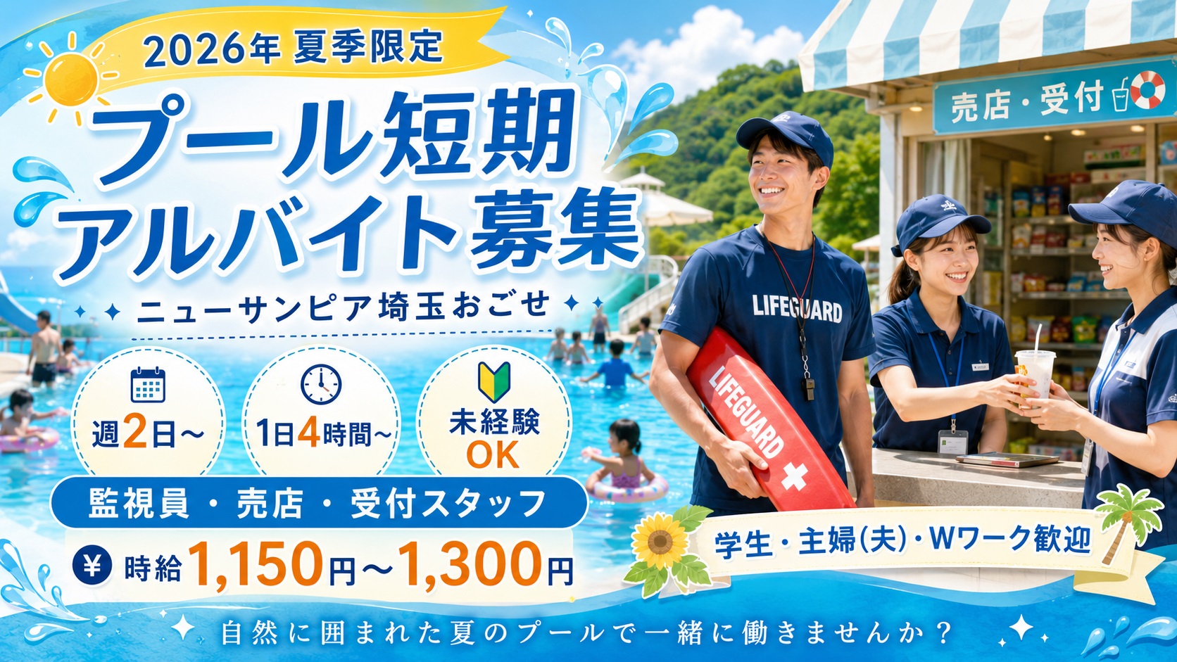 短期入居者募集中 夏だけの短期バイト】プールスタッフ募集｜ニューサンピア埼玉おごせ